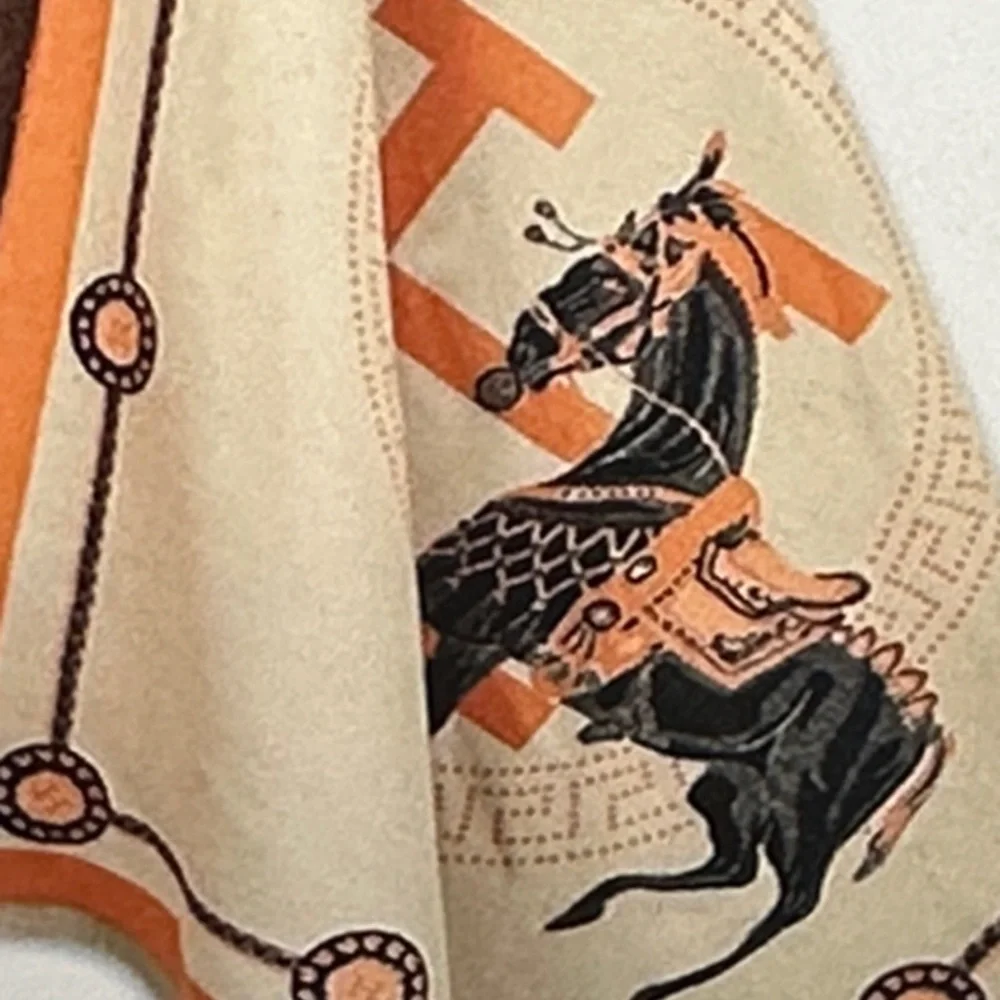 Women’s Elegant Horse Print Shawl with Orange Accents